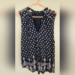 Lucky Brand Navy Diamond Floral Print Tassel Tie Sleeveless Top Women's Size L